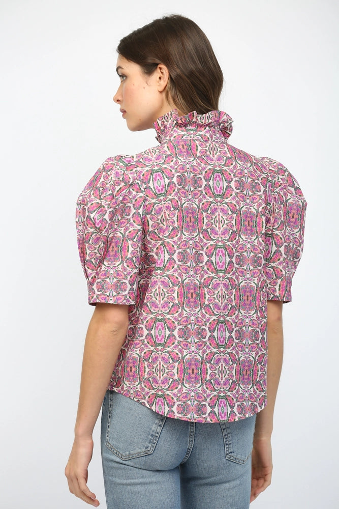Pink Multi Puff Sleeve Ruffle Neck Top