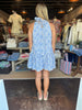 Blue Stripe Embroidered Halter Mini Dress