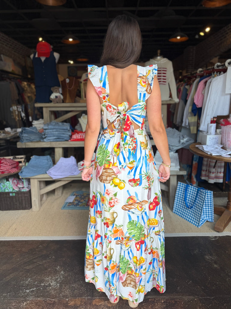 Picnic & Tropical Fruit Tie-Back Maxi Dress