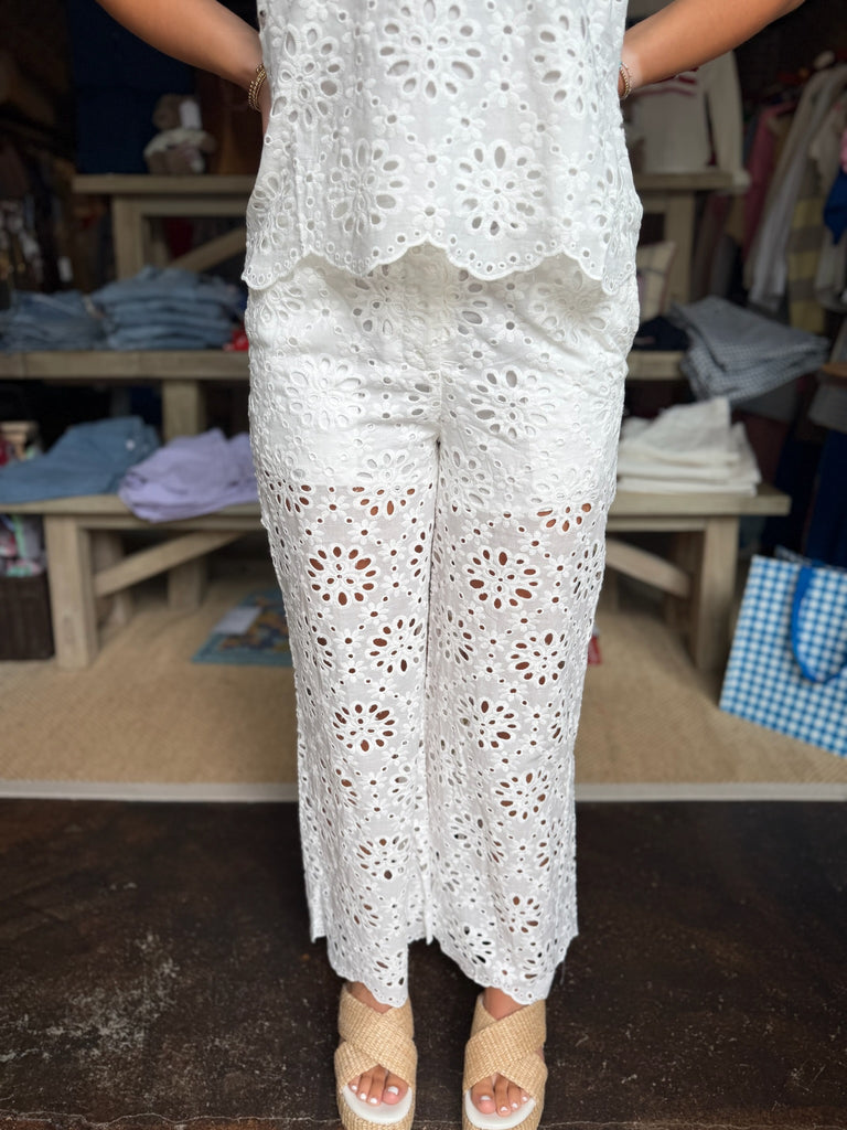 White Floral Eyelet Wide Leg Pant