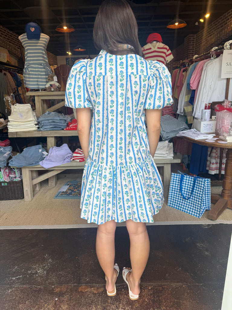 Blue Floral Stripe Puff Sleeve Mini Dress